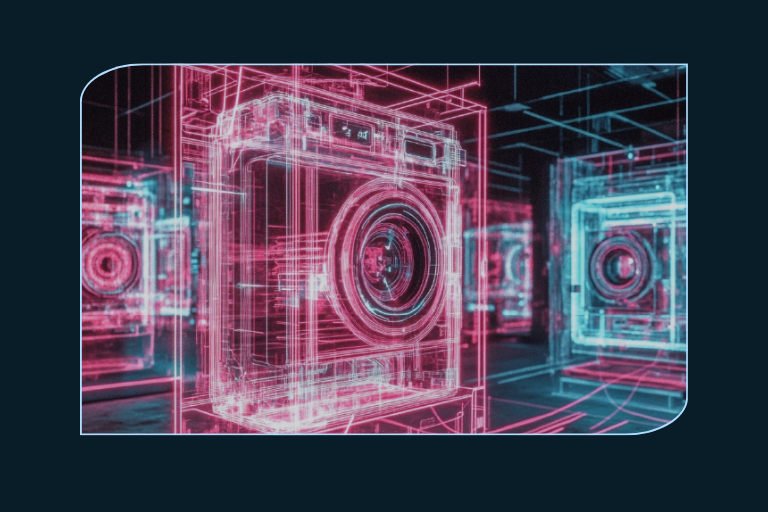 The image features neon-colored wireframe vintage cameras glowing in pink and blue, creating a cyberpunk aesthetic. The mirrored arrangement gives a futuristic, digital feel with a blend of nostalgia and high-tech design.